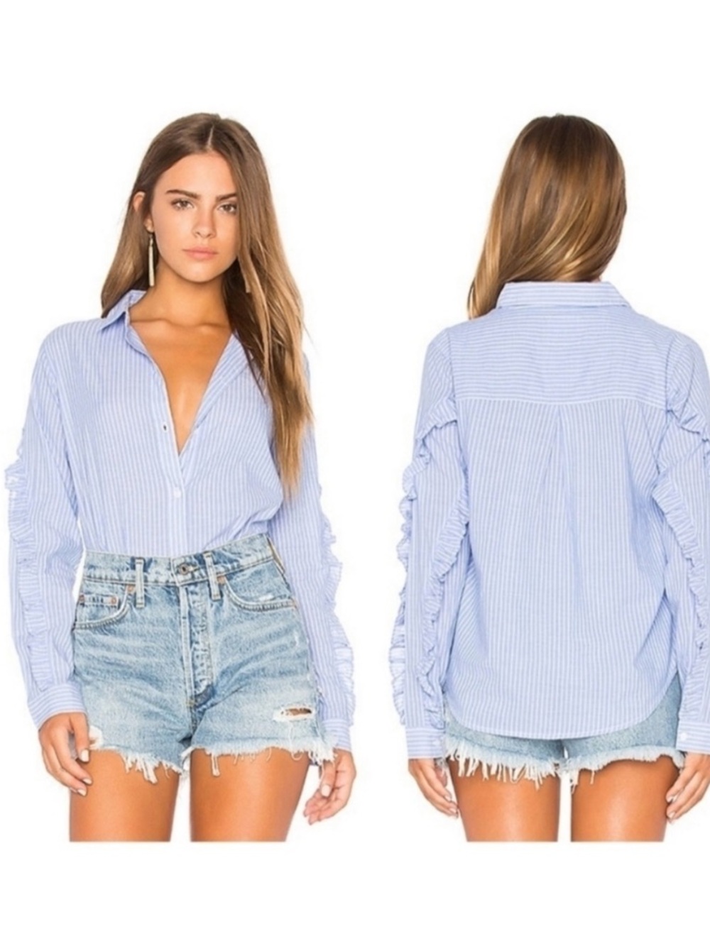 Rails Revolve Lizzi Shirt Ruffle Sleeve Poplin Blue White Stripes Button up